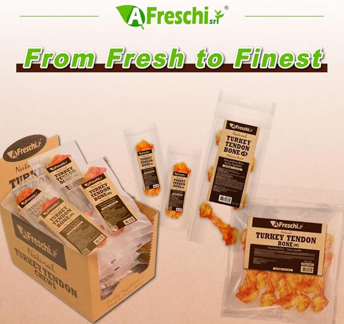 Afreschi Natural Turkey Tendon Bone (M) 10 oz, USA-Sourced Turkey Tendon, All Natural Puppy Chew, Hypoallergenic, Rawhide Alternative, for Medium Breeds-PawvioPets