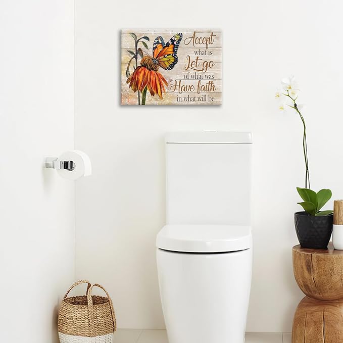 Farmhouse Butterfly Bathroom Pictures Wall Art, Rustic Floral Country Bathroom Wall Decor, Daisy Inspirational Framed Painting Canvas Artwork for Bedroom Living Room Decorations 16"L x 12"W-PawvioPets