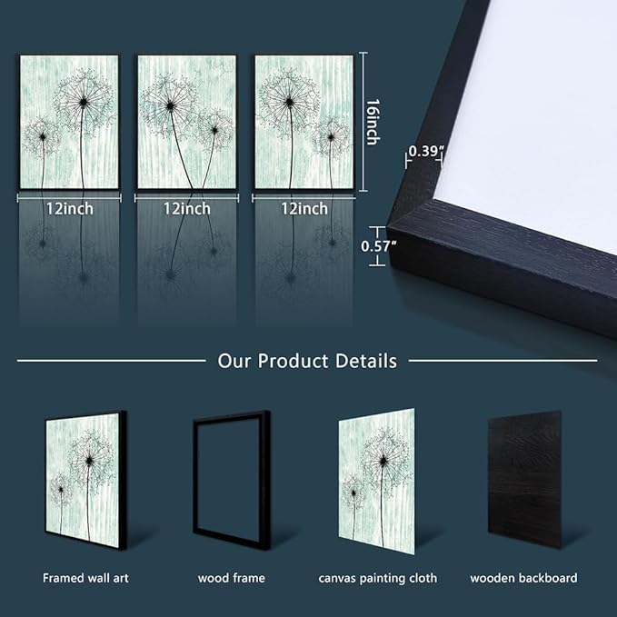 AHUASJART Black Framed Wall Art for Living Room Wall decor for Bedroom Room Decor light green background Pictures Dandelion Paintings posters kitchen Home Decorations 3 Piece Framed Prints Artworks-PawvioPets