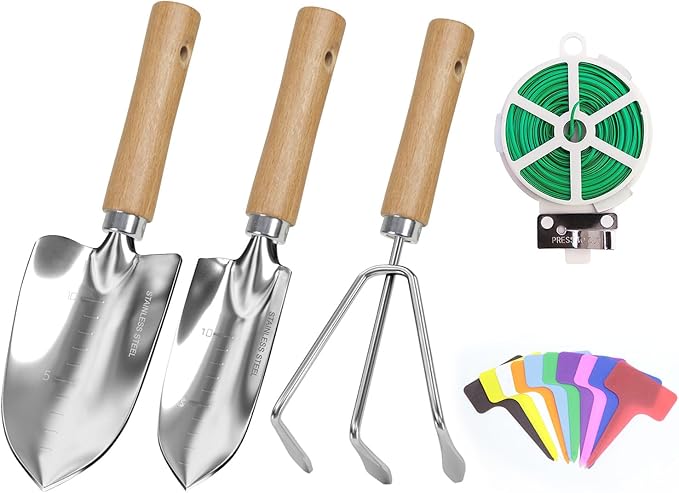 Garden Tool Set, 3 Pieces Gardening Kit with Garden Plant Twist Tie and Plastic Plant Tag, Stainless Steel Heavy Duty Garden Tools with Wooden Handle, Gardening Gifts for Women-PawvioPets