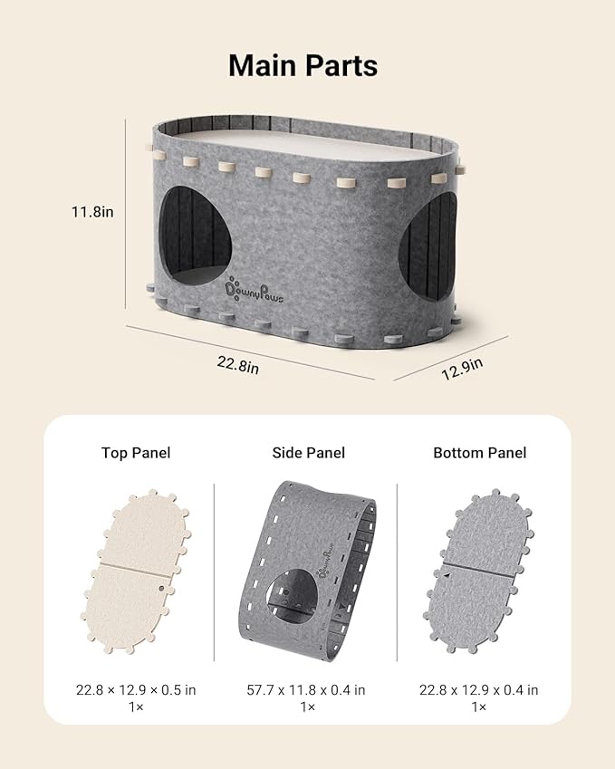 DownyPaws Cat House for Indoor Cats, Cat Bed Cave for Multiple & Large Cats Up to 22 Lbs, Scratch Resistant, Foldable Peekaboo Kitten Caves Tunnel Enclosed Bed, PeekaPurr, Light Gray-PawvioPets