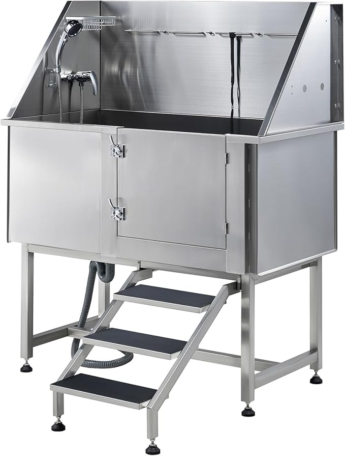 Albott 50 Inch Stainless Steel Dog Washing Station with Non-Slip Steps, Sprayer, Faucet, Soap Box – Professional Pet Bathtub for Small and Medium Pets, Use at Home, Garage, or Grooming (Right Door)-PawvioPets