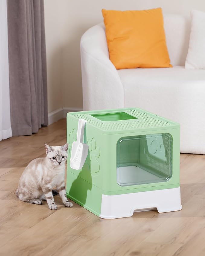 Enclosed Cat Litter Box, Large Litter Box for Big Cats, Covered Kitty Litter Boxes with Lid, Top Entry Cat Box Enclosure with Scoop, Odor Control, Easy to Clean(Green)-PawvioPets