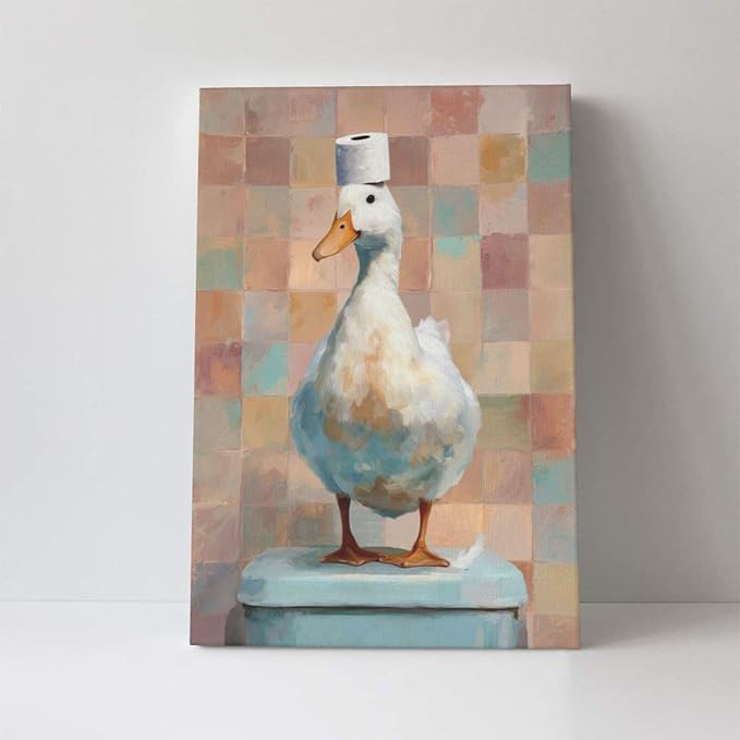 Funny Duck Bathroom Wall Art Cute Duck on Toilet Canvas Wall Decor Funny Quirky Farm Animal Pictures Painting Print Framed Artwork Decorations Gifts for Bathroom 16"x24"-PawvioPets