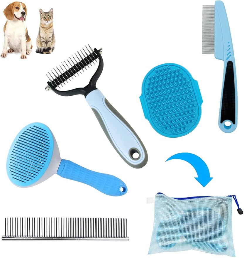 Dog Brush Grooming Kit 5PCS - Dog Brushes for Grooming, Dog Brush for Shedding,Puppy Brush and Flea Comb for Dogs, Slicker Brush Comb and Dog Hair Brush Set Blue-PawvioPets