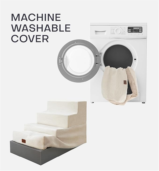 Dog Stairs for Bed, Dog Steps for Bed Couch Sofa, 35D Foam Pet Steps for Small Dogs and Cats, Extra Wide Pet Stairs with Non-Slip Bottom Beige, 3 Steps-PawvioPets