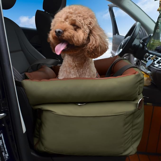 Dog Car Seat for Small Dogs, Large Leather Dog Car Bed with Storage Pocket, Waterproof PVC Leather Booster Seat Travel Bed for Front & Back Seat, Clip-On Safety Leash (Green/Brown)-PawvioPets