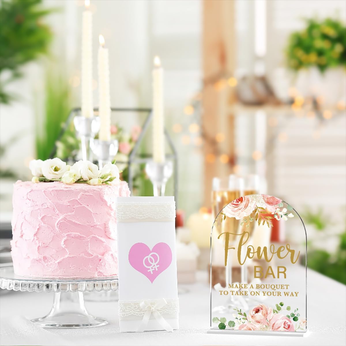 Acrylic Wedding Signs, Flower Bar Desk Decor, Flower Bar Signs for Ceremony, Modern Calligraphy Arch Acrylic Table Top Sign for Wedding Reception and Engagement Parties (Clear Pink Flowers)