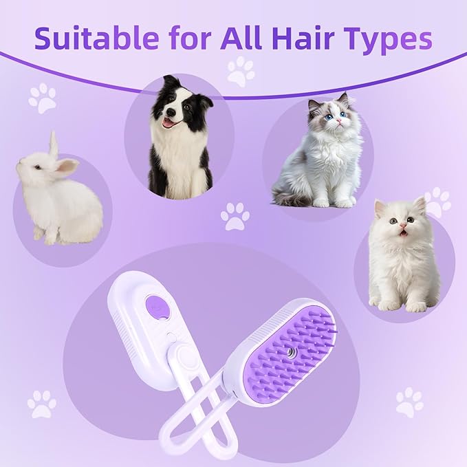 4-in-1 Rechargeable Anti-Dandruff Pet Steam Brush — brush for sheddingCats & Dogs,pet hair removal tool. Integrating functions of massage,clean, hair grooming and anti-static (purple)-PawvioPets