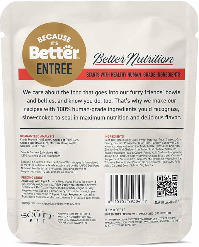 Because it's Better Entrée Complete Meal, Beef Stew with Veggies, Human Grade Wet Dog Food, 10 oz Pouches, 6 Count-PawvioPets