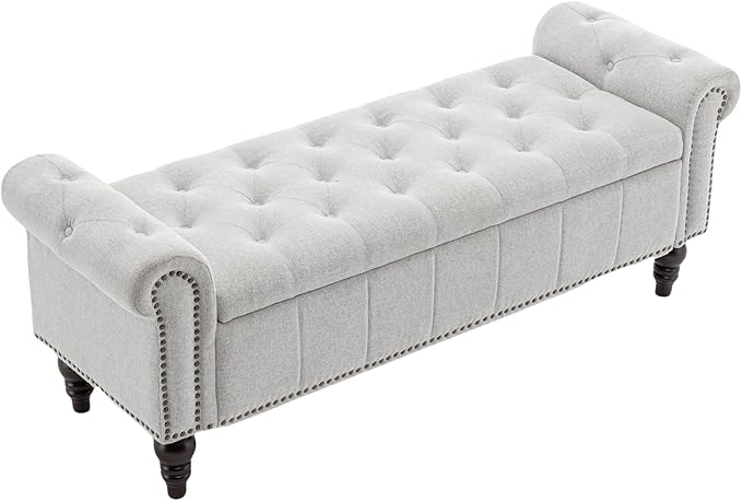 58’’ Storage Bench for Bedroom, Upholstered Button-Tufted Ottoman with Solid Wood Legs, Queen Size End of Bed Shoe Cabinet, Window Seat Foot Rest Stool for Entryway, Living Room (Silver)-PawvioPets