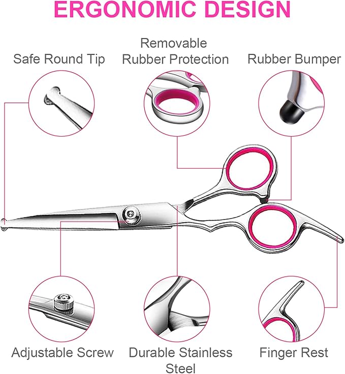 6 in1 Professional Dog Grooming Scissors Kit, Dog Shears for Grooming with Safety Round Tips, Titanium Coated Grooming Scissors for Dogs Cat Pet At Home-PawvioPets