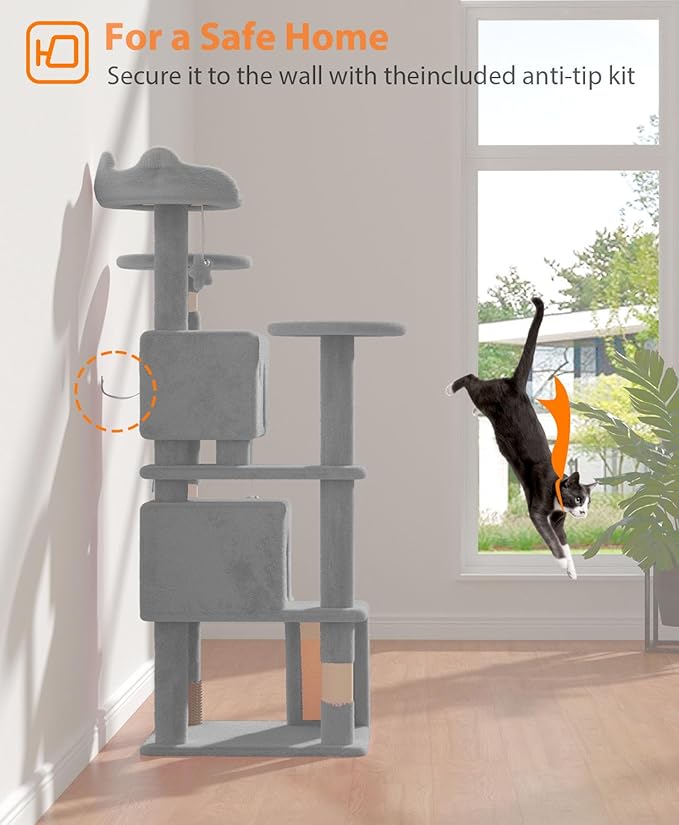 54" Cat Tree Tower for Indoor Cats Large Adult,Cute/Tall Modern Cat Tree for Big Cats 20 lbs, Plush Multi-Level Cat Condo with Scratching Posts, Dangling Ball for Fun (Light Gray, 54 inch)-PawvioPets