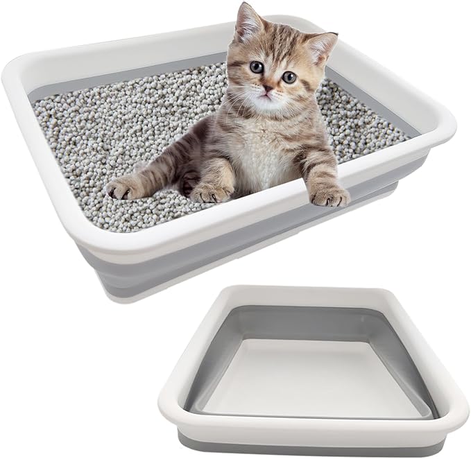 2 Pack Collapsible Small Cat Litter Box, Open Kitten Litter Potty Pan Low Entry Pet Kitty Toilet Foldable Waterproof Travel Toilet for Sick Frail Kitty 14.6 x 10.6 x 4.8 inches Grey-PawvioPets