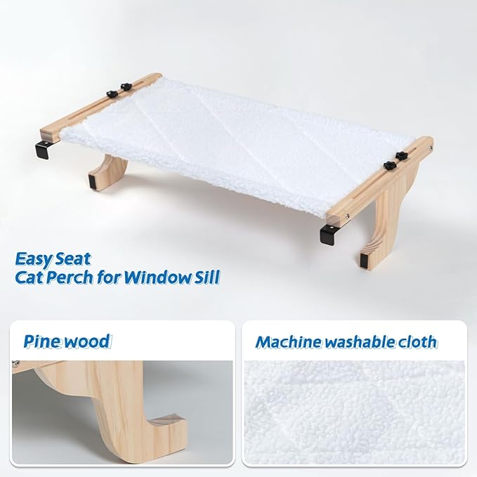 Easy Seat Cat Perch for Window Sill - Hammock Design w/Pine Wood & Robust Metal Frame - Cat Window Seat for Large Cats and Kittens (Natural Color Wood w/White Bed, Medium (23''W x 14''D))-PawvioPets
