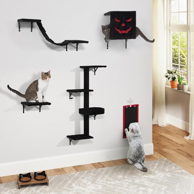 COZIWOW Wall-Mounted Cat Tree | Space-Saving Feline Furniture with Multiple Levels | Durable Scratch Post for Indoor Cats, Black&Red-PawvioPets