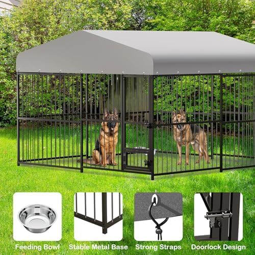 10x10x6FT Large Dog Kennel Outside Dog Playpen Outdoor Dog Enclosures with UV-Resistant Waterproof Roof Covered Dog House Outdoor,Lock,for Medium and Large Dogs,Easy Assembly-PawvioPets