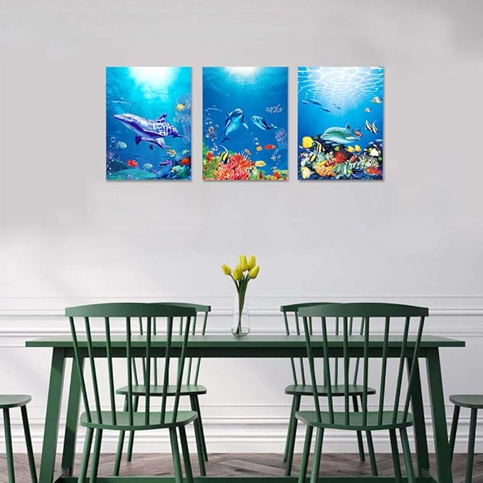 blue ocean fish 3 Pieces Framed Wall Art for Living Room Bathroom Wall Decoration Canvas Print Children's Bedroom Wall decor Office Kitchen Home Decoration Underwater World Watercolor Painting-PawvioPets