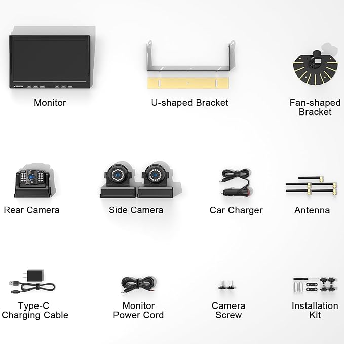 Fookoo HD 10" Magnetic Wireless Backup Camera,10" IPS Split Screen Monitor, Rechargeable 2 Side View 1 Rear View Cameras,Low Consumption 1-Min Install No Drilling Recording for Trailer Truck DCX103-PawvioPets