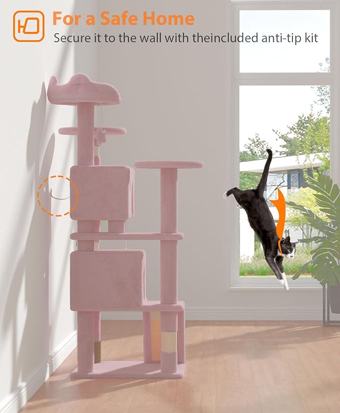 54" Cat tree Tower for Indoor Cats Large Adult,Cute/Tall Modern Cat Tree for Big Cats 20 lbs,Plush Multi-Level Cat Condo with Scratching Posts, Dangling Ball for fun play (Soft Pink, 54 inch)-PawvioPets
