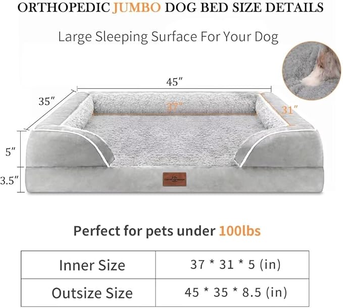 Comfort Expression Cooling Dog Bed, Orthopedic Memory Foam Dog Bed, Jumbo Beds for Extra Large Dogs, Large Breed Dogs Beds Waterproof with Bolster & Removable Cover(Jumbo,Light Grey)-PawvioPets