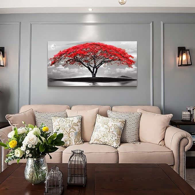 canvas wall art for living room bathroom Wall Decor Black and white landscape red tree moon scenery Hang painting Home Decorations for office bedroom kitchen Works canvas Prints pictures 24" x 48"inch-PawvioPets