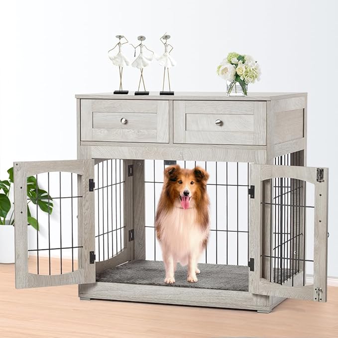 Dog Crate Furniture for Large Dogs, Wooden Dog Kennel Indoor with Double Doors, Dog Cage with Cushion & Drawers, Dog House Side End Table for Large Medium Dogs up to 70 lb, 39.4” L, Grey-PawvioPets