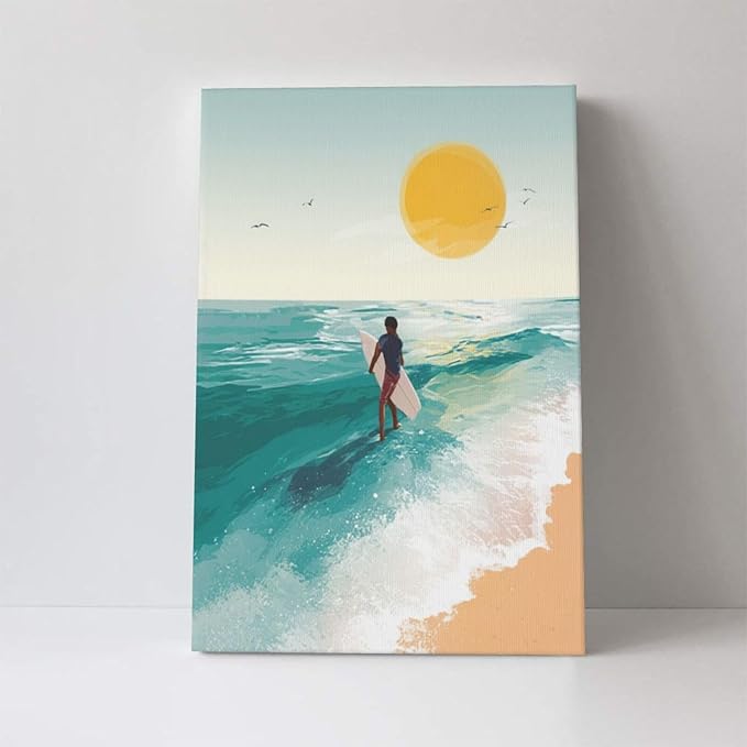 Beach Surfing Wall Art Ocean Coastal Wave Canvas Wall Decor Summer Nature Seascape Pictures Painting Print Framed Artwork Decorations for Bathroom Living Room Office Bedroom 16"x24"-PawvioPets