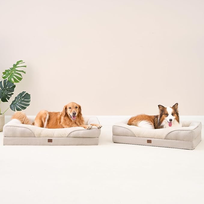 EHEYCIGA Memory Foam Dog Bed for Large Sized, Orthopedic Dog Sofa with Sides and Waterproof Liner, Washable Bolster Pet Bed Couch with Removable Cover, 36x27x7 Inch, Beige-PawvioPets