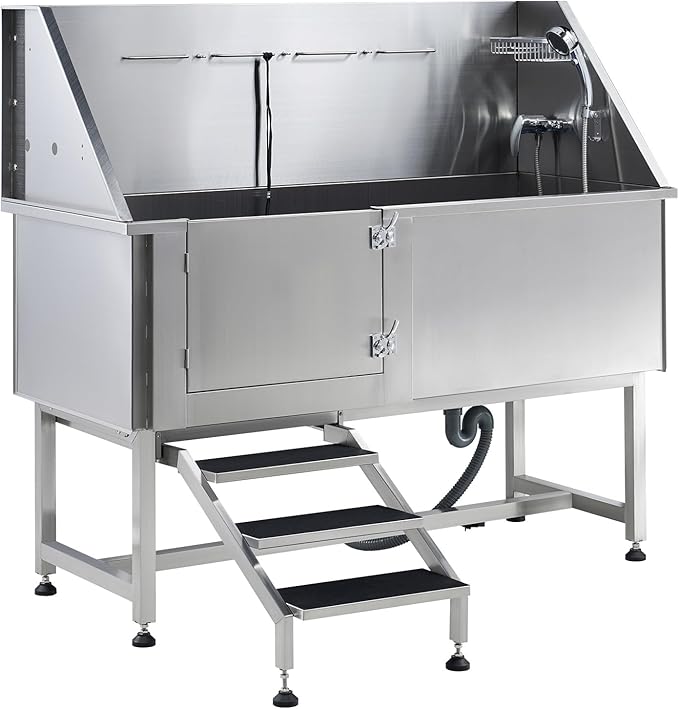 Albott 60 Inch Stainless Steel Dog Washing Station with Anti-Slip Steps, Sprayer, Faucet, Soap Box, Tow Rope – Professional Pet Bathtub for Large Pets, Ideal for Home, Garage, and Grooming(Left)-PawvioPets