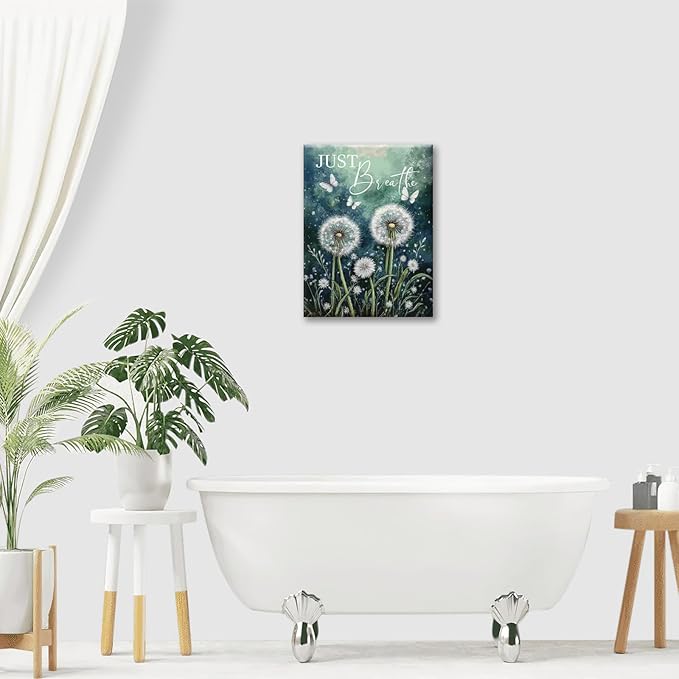 Dandelion Pictures Wall Art, Farmhouse Floral Bathroom Wall Decor, Rustic Nature Inspirational Framed Painting Butterfly White Flower Canvas Artwork for Bedroom Living Room Decorations 16"L x 12"W-PawvioPets