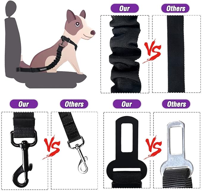 COOYOO Dog Seat Belt,Retractable Dog Car Harness Seat Belt for Car Adjustable Nylon Pet Safety Seat Belts Heavy Duty & Elastic Bungee Buffer-PawvioPets
