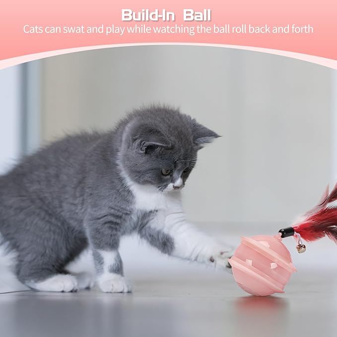 Colurful LED Interactive Cat Feather Toy Ball for Bored Indoor Adult Cats Chase Automatic Moving Ball Rechargeable Self Rolling Automated Tumbler Toy Electric Cat Toy (Pink)-PawvioPets