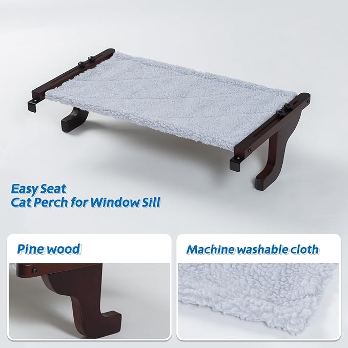 Easy Seat Cat Perch for Window Sill - Hammock Design w/Premium Wood & Robust Metal Frame - Cat Window Seat for Large Cats and Kittens (Dark Stained Wood w/Gray Bed, Large (26''W x 14''D))-PawvioPets