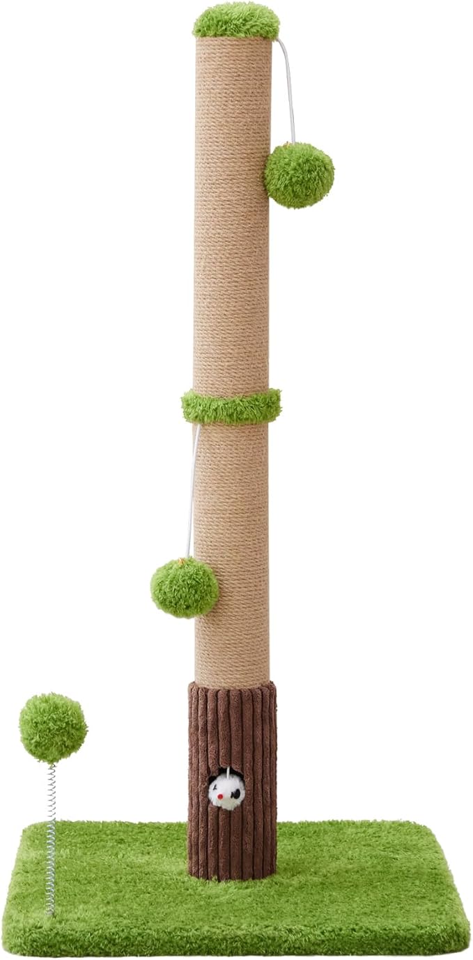 33" Tall Cat Scratching Post for Indoor Cats, Premium Sisal Scratch Posts with Cat Toys and Fun Mouse Holer for Cats at All Ages, Scratcher Tree with Reinforced Stable Base (Green)-PawvioPets