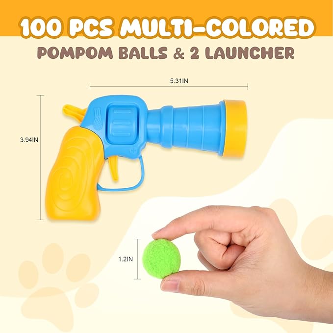 100Pcs Cat Toys Pom Pom Balls with 2 Launchers Set, Interactive Cat Toy Stuff for Indoor Both Adult & Kitten Toys-PawvioPets