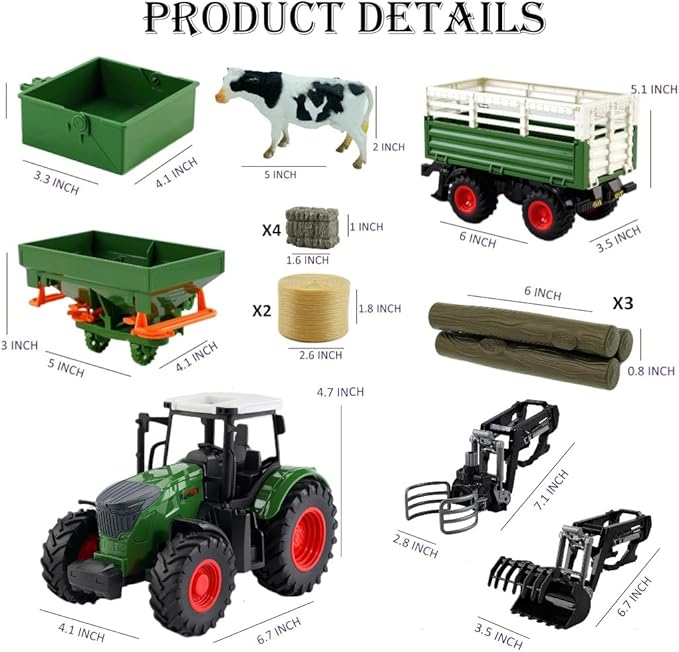 Farm Toys Tractor with Trailer-16.5 Inches Tractor Playset 1/24 Scale Gripper Frontloader Spreader for Boys Kids Toddlers Age 3-7 Years Old-PawvioPets