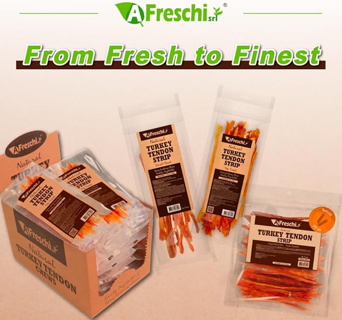 Afreschi Natural Turkey Tendon Strip 3 oz, All Natural Human Grade Puppy Chew, USA-Sourced Turkey Tendon, Hypoallergenic, Easy to Digest, Rawhide Alternative-PawvioPets
