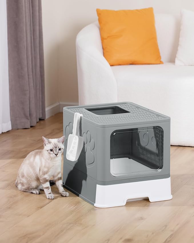 Enclosed Cat Litter Box, Large Litter Box for Big Cats, Covered Kitty Litter Boxes with Lid, Top Entry Cat Box Enclosure with Scoop, Odor Control, Easy to Clean(Grey)-PawvioPets