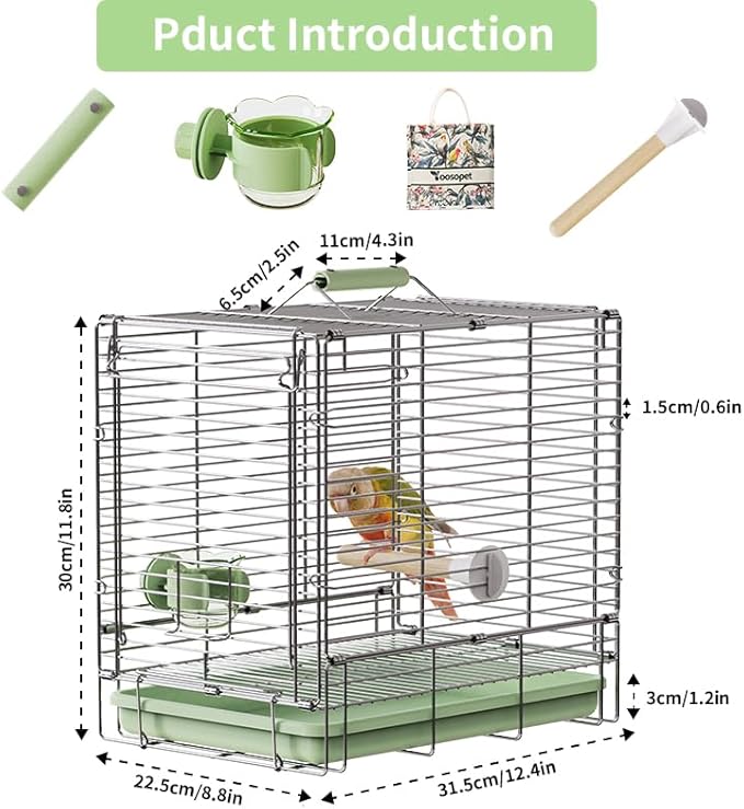 Bird Carrier Travel Cage - 304 Stainless Steel Portable Folding Bird Travel Cage with Parrot Feeder Cups & Standing Perch for Smaller Birds Conures Lovebird Cockatiel Parakeets (Green)-PawvioPets