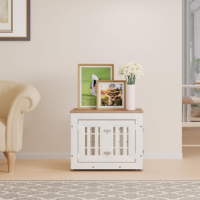 26" Heavy Duty Dog Crate Furniture for Small,Medium and Large Dogs,Rustic Wooden Dog Cage Kennel Indoor Furniture with Waterproof Top,Decorative Pet House Side End Table (White & Wood)-PawvioPets