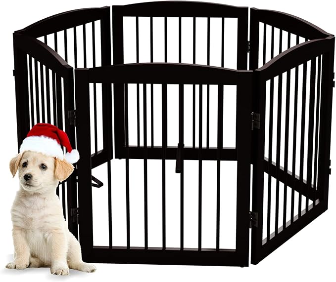 Freestanding Pet Gate for Dogs, Foldable Wooden Dog Gate for House, Extra Wide Indoor Pet Barrier for Stair, Doorway, Hall, Support Feet Included, 120 Inch Wide, 6 Panels 24", Brown-PawvioPets