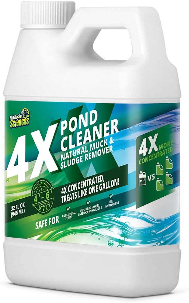 4X Pond Cleaner - Reduces Muck & Sludge for a Clean, Natural Look - Super Concentrated Lake and Water Feature Enzymes Treats Up to 1 Acre, Pair with Dye - Safe for Fish and Wildlife (32 oz)-PawvioPets