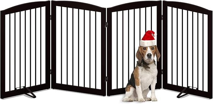 Freestanding Pet Gate for Dogs, Indoor Wooden Foldable Dog Gate for House, Doorway, Stair, 80 Inch Wide, 4 Panels 32",Brown-PawvioPets