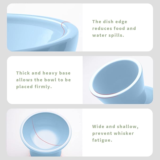 Extra Wide Elevated Ceramic Cat Food Bowl - 6.2" Shallow Dish for Whisker Fatigue Relief, 5" Height for Easy Feeding, Lead & Cadmium Free, Durable Raised Cat Food Bowls, Blue-PawvioPets