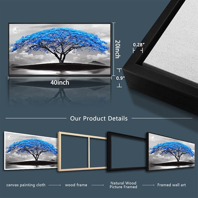 Framed Canvas Wall Art For Living Room Large Size Office Wall Decor Bedroom Decor Wall Pictures Artwork Black And White Landscape Blue Tree Moon Wall Painting Home Decorations Black Frame 20" X 40"-PawvioPets
