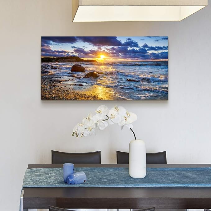 canvas wall art for living room bedroom Wall Decor blue ocean landscape painting Hang Home Decoration office bathroom kitchen sun beach sea golden Waves on the beach canvas art Prints pictures Works-PawvioPets