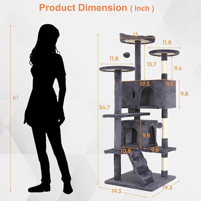 54.7 inches Cat Tower for Indoor Cats Multi-Level Cat Condos for Cat Tree Cat Climbing Tower with Scratching Posts, Hanging Toys,Ashy-PawvioPets