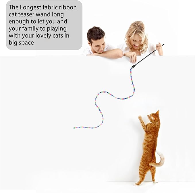 Cat Wand Toys Interactive Kitten Toys Cat Teaser Wand String Feather for Indoor Colorful Ribbon Wands Stick Toy Cat Charmer-3 Packs-PawvioPets