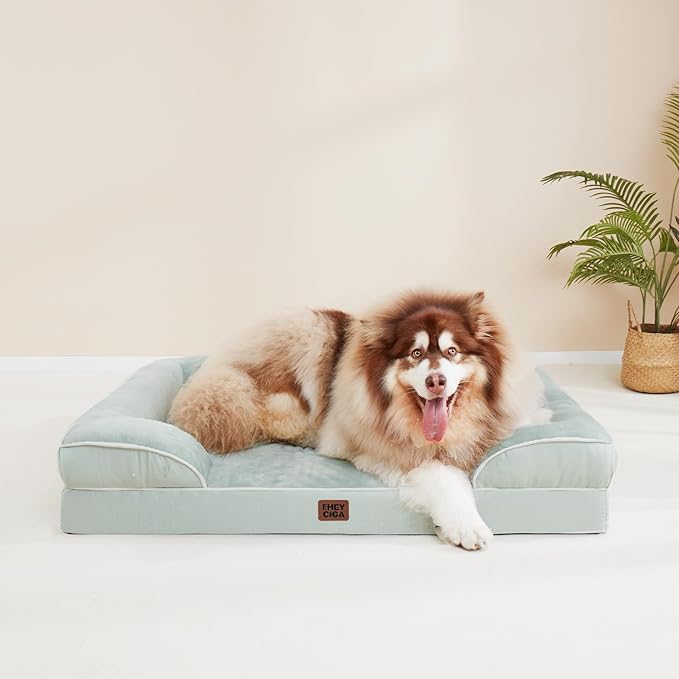 EHEYCIGA Orthopedic XL Dog Beds, Waterproof Memory Foam Dog Bed for Extra Large Dogs, Non-Slip Bottom and Egg-Crate Foam Big Pet Couch Bed with Washable Removable Cover, Sage Green-PawvioPets